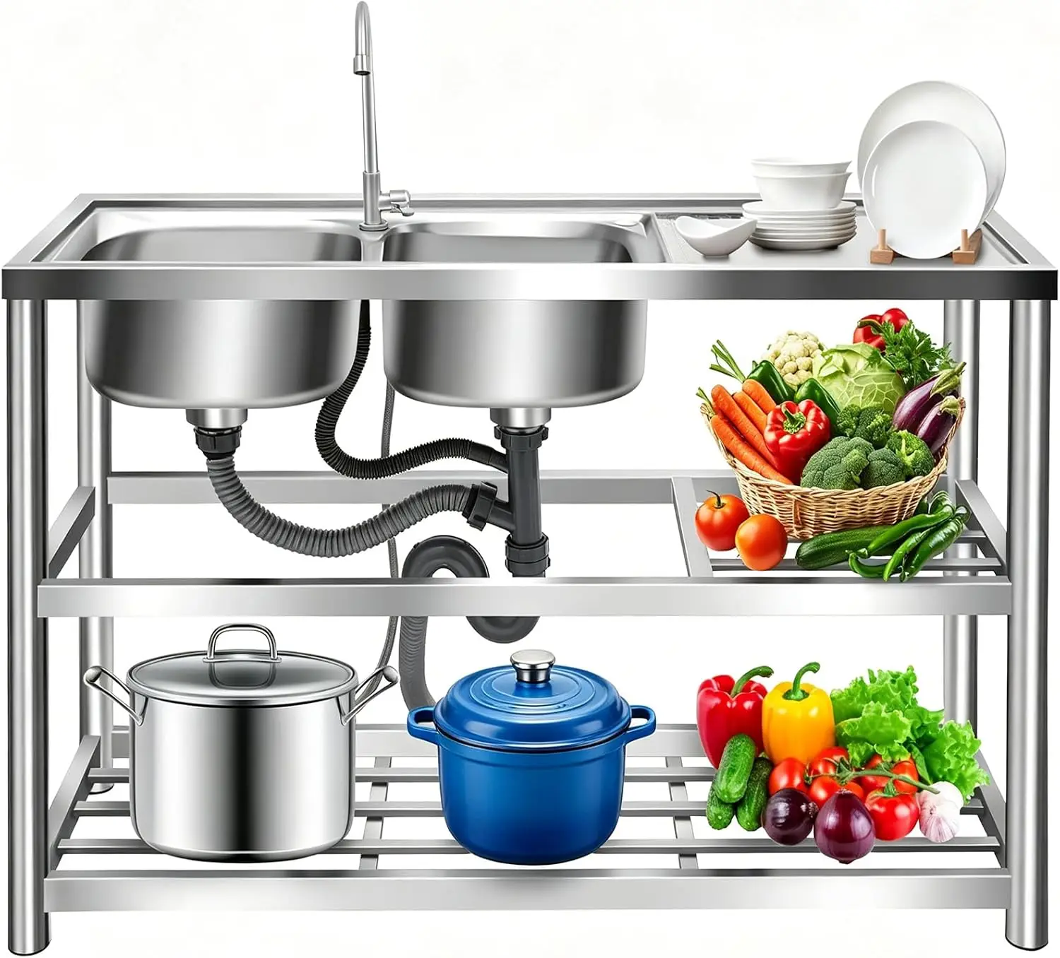 Commercial Kitchen Worktops - キッチン用自立型下水台、2槽シンク、3段、ワークトップ長15.7インチ、業務用脚、ベースタイプ、ステンレス製、P付き
