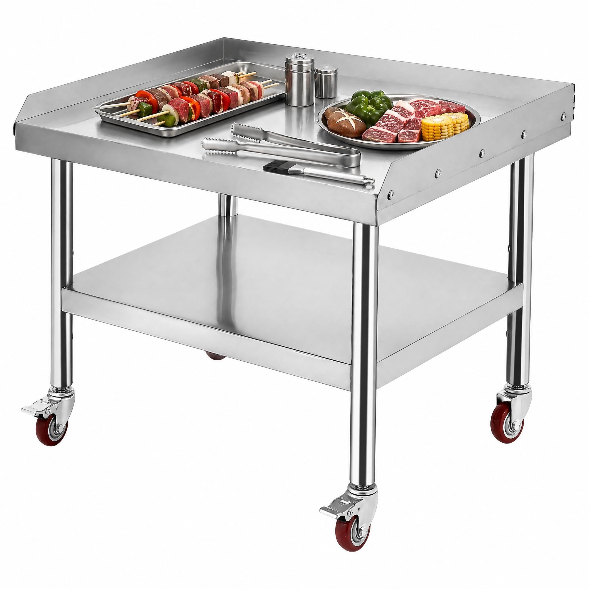 Commercial Kitchen Worktops - ステンレス製グリルスタンドテーブル（24インチ x 28インチ x 24インチ）-業務用ヘビーデューティーキッチン作業台-耐荷重1000ポンド、2インチエッジバッフル付きトップシェルフ-調節可能なボトムシェルフ＆脚