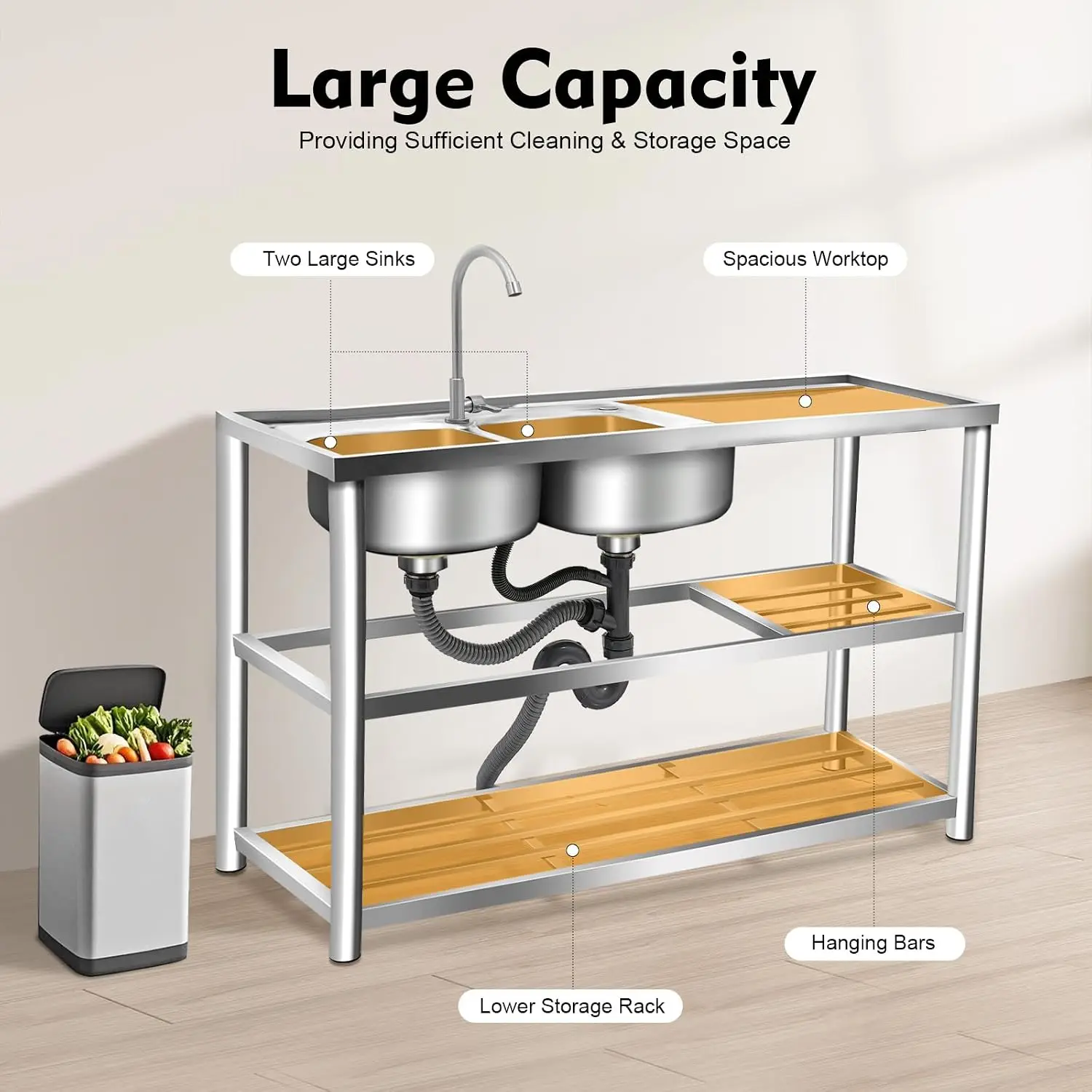 キッチン用自立型下水台、2槽シンク、3段、ワークトップ長15 - Commercial Kitchen Worktops のレビューと価格