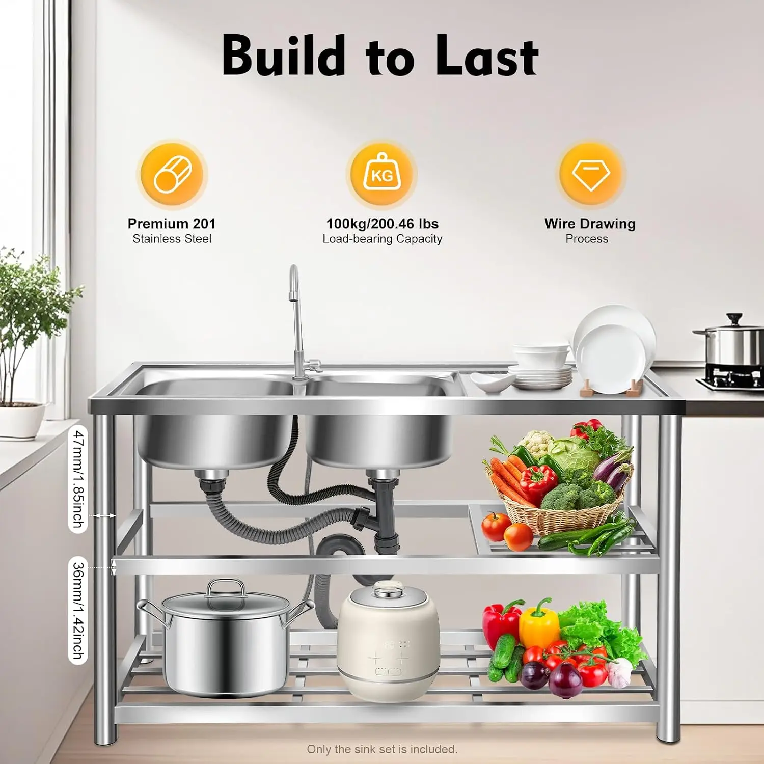 キッチン用自立型下水台、2槽シンク、3段、ワークトップ長15 - Commercial Kitchen Worktops のレビューと価格