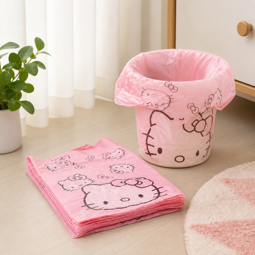 ピンクの漫画猫柄プリントベスト型ゴミ袋 50枚入り 30x5 - Commercial Kitchen Bin のレビューと価格