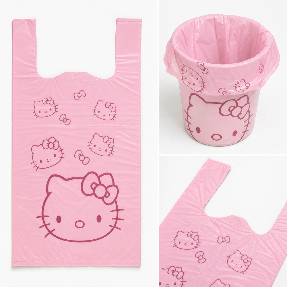 ピンクの漫画猫柄プリントベスト型ゴミ袋 50枚入り 30x5 - Commercial Kitchen Bin のレビューと価格
