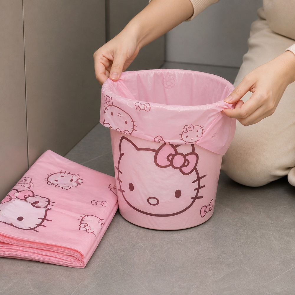 ピンクの漫画猫柄プリントベスト型ゴミ袋 50枚入り 30x5 - Commercial Kitchen Bin のレビューと価格