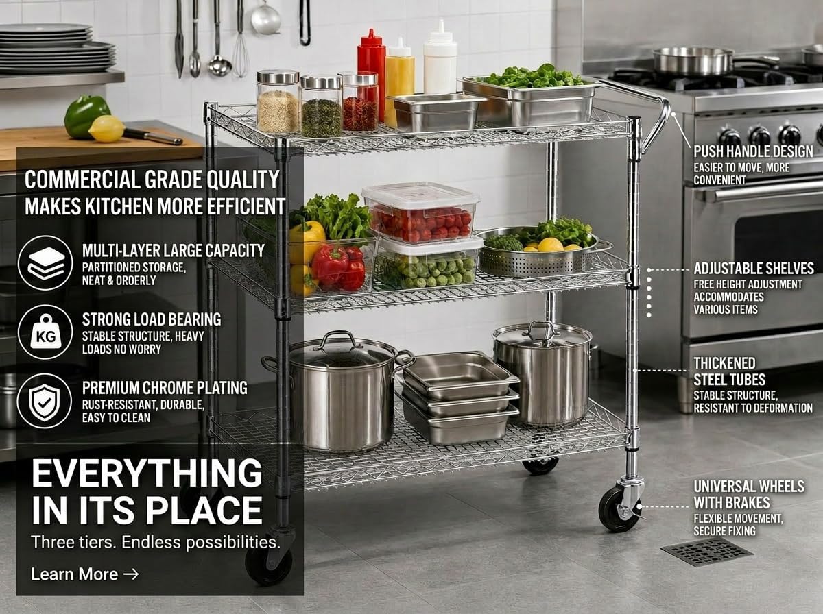 頑丈なキャスター付き多目的キッチンカート。クロムメッキ仕上げ - Commercial Kitchen And Bar のレビューと価格